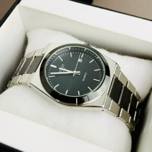 two tone silver & black chain prx watch – bold black dial design