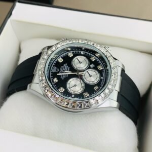 luxury rlx watch – black dial with diamond bezel & rubber strap