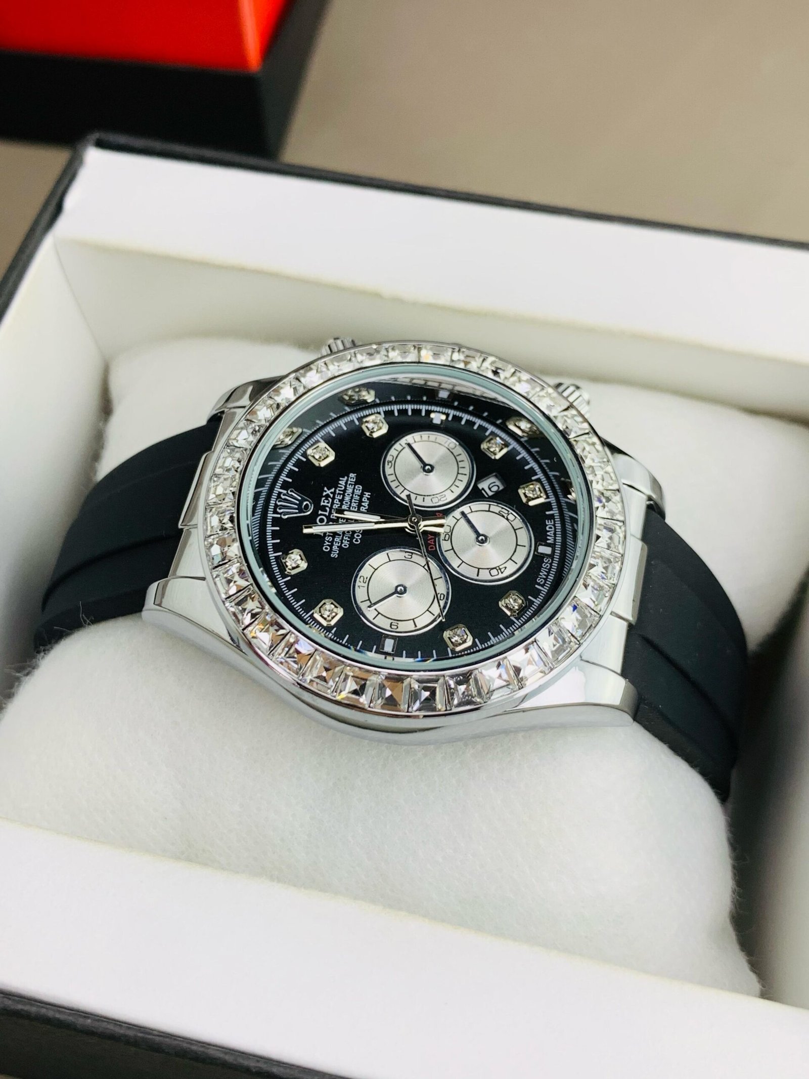 luxury rlx watch – black dial with diamond bezel & rubber strap luxury rlx watch – black dial with diamond bezel & rubber strap