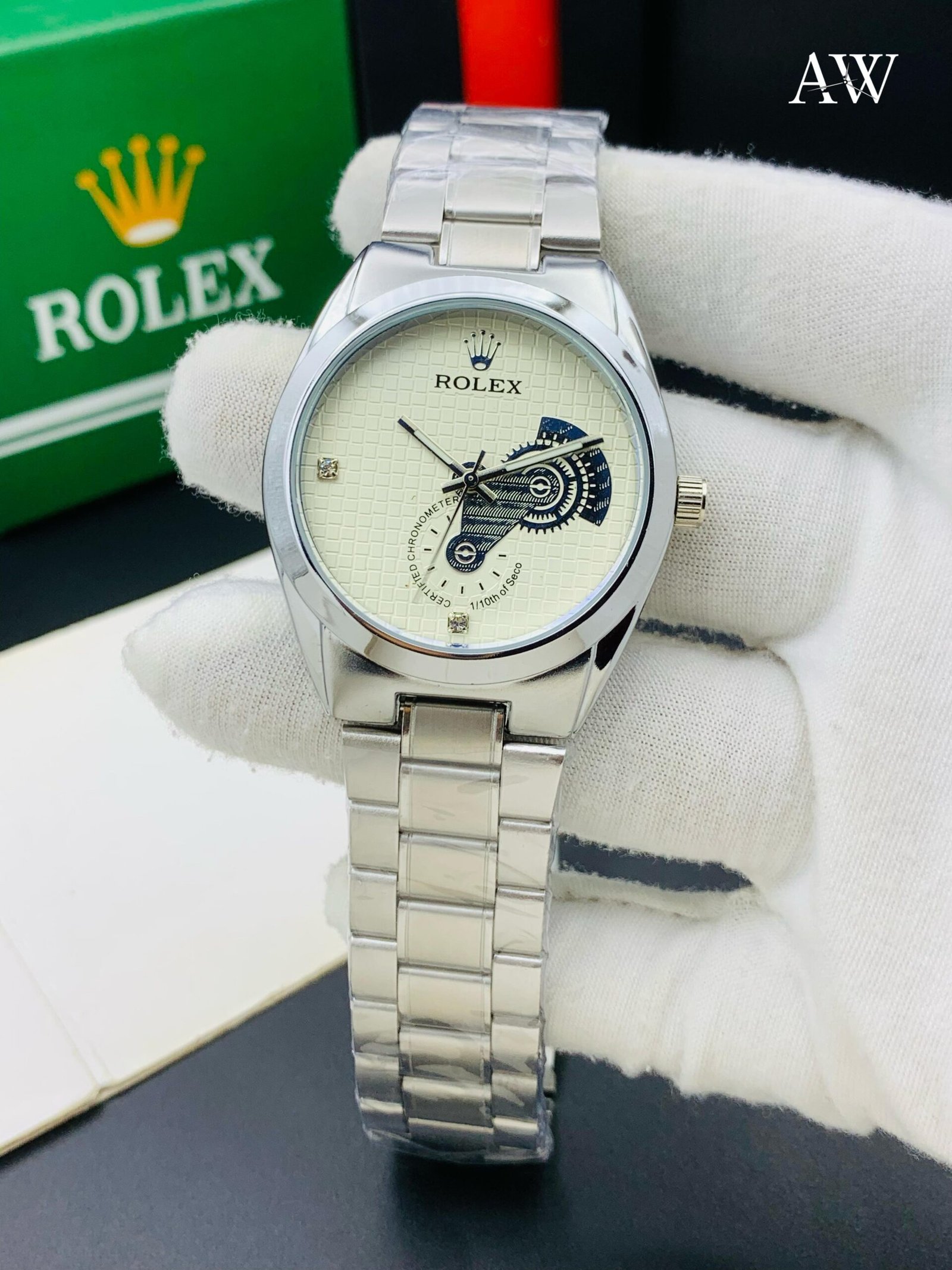 Rlx Stainless Steel Watch with Mechanical Detailing White Dial